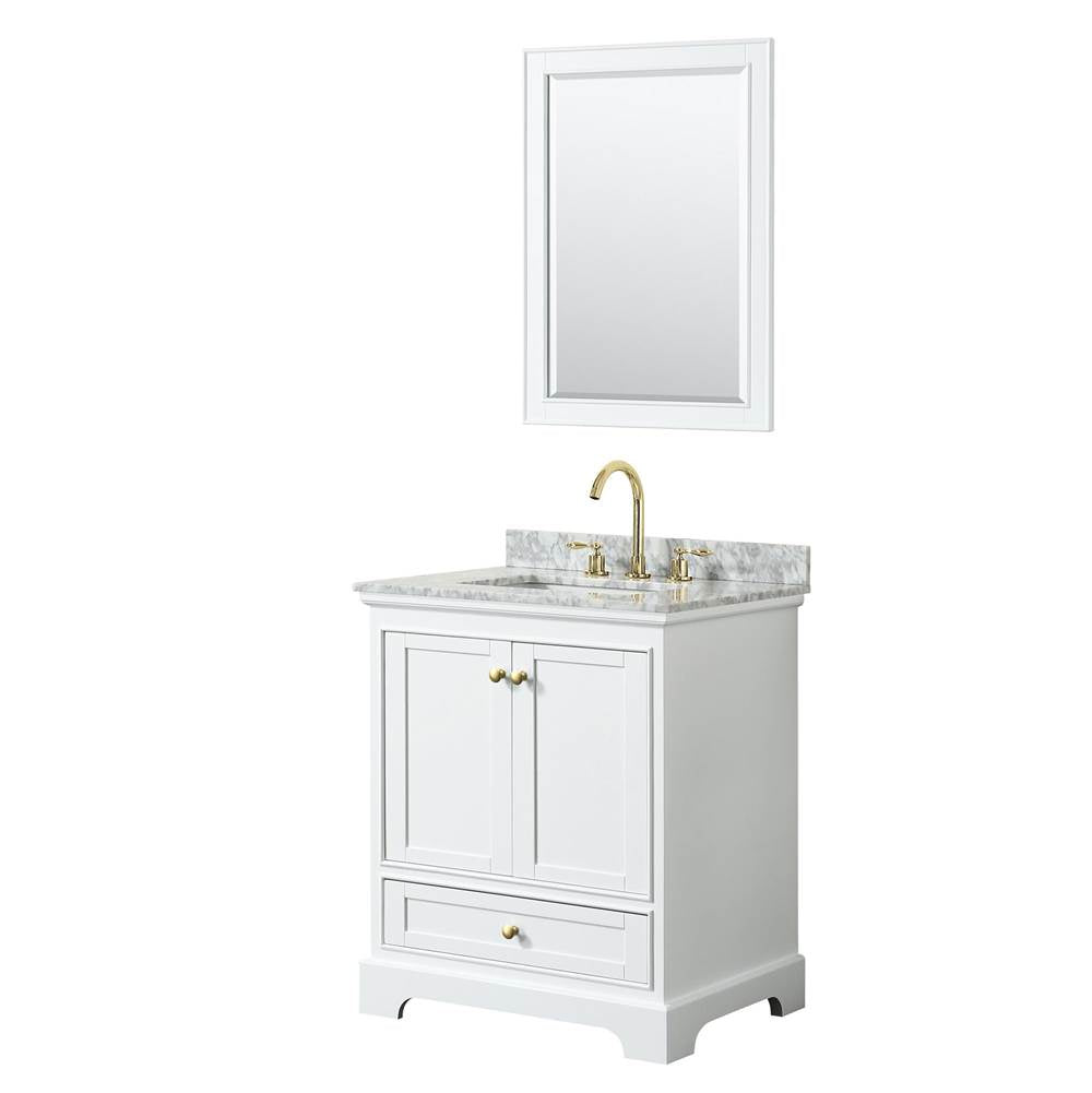 Wyndham Collection - Deborah 30 Inch Single Bathroom Vanity in White, White Carrara Marble Countertop, Undermount Square Sink, Brushed Gold Trim, 24 Inch Mirror