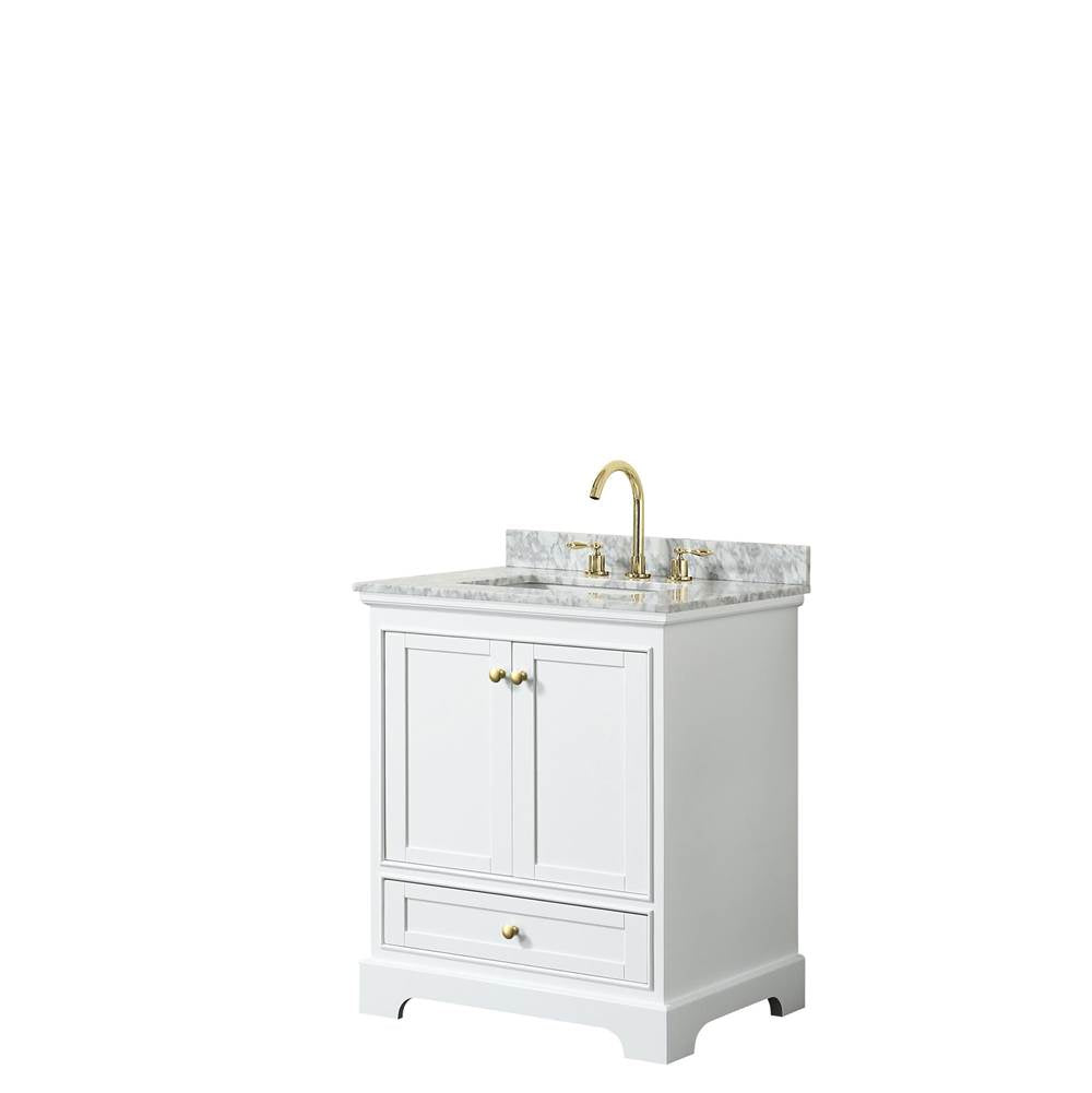 Wyndham Collection - Deborah 30 Inch Single Bathroom Vanity in White, White Carrara Marble Countertop, Undermount Square Sink, Brushed Gold Trim, No Mirror