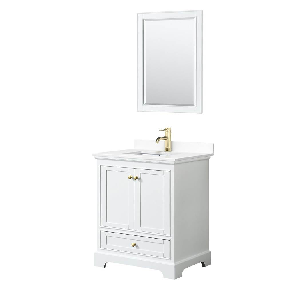 Wyndham Collection - Deborah 30 Inch Single Bathroom Vanity in White, White Cultured Marble Countertop, Undermount Square Sink, Brushed Gold Trim, 24 Inch Mirror