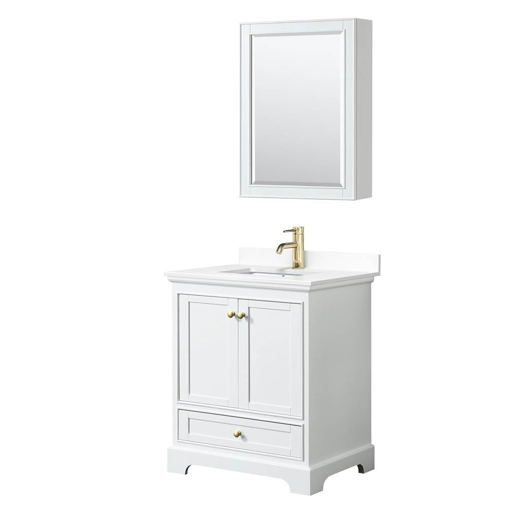 Wyndham Collection - Deborah 30 Inch Single Bathroom Vanity in White, White Cultured Marble Countertop, Undermount Square Sink, Brushed Gold Trim, Medicine Cabinet