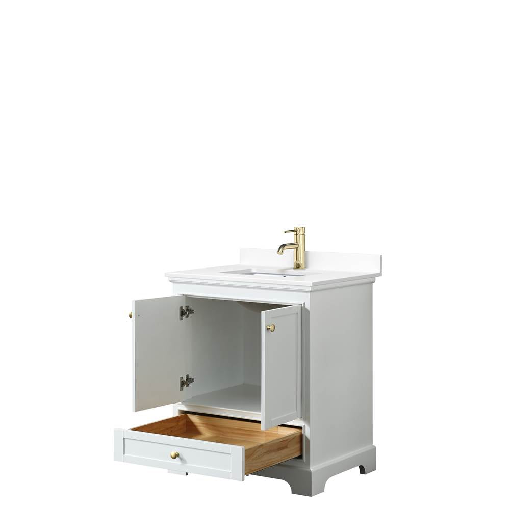 Deborah 30 Inch Single Bathroom Vanity in White, White Cultured Marble Countertop, Undermount Square Sink, Brushed Gold Trim, No Mirror