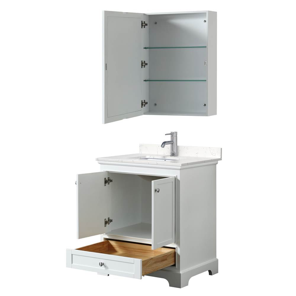 Deborah 30 Inch Single Bathroom Vanity in White, Carrara Cultured Marble Countertop, Undermount Square Sink, Medicine Cabinet