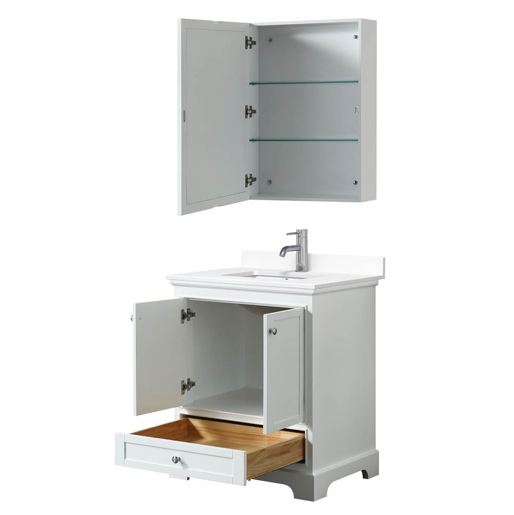 Deborah 30 Inch Single Bathroom Vanity in White, White Cultured Marble Countertop, Undermount Square Sink, Medicine Cabinet