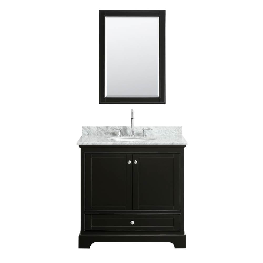 Deborah 36 Inch Single Bathroom Vanity in Dark Espresso, White Carrara Marble Countertop, Undermount Oval Sink, and 24 Inch Mirror
