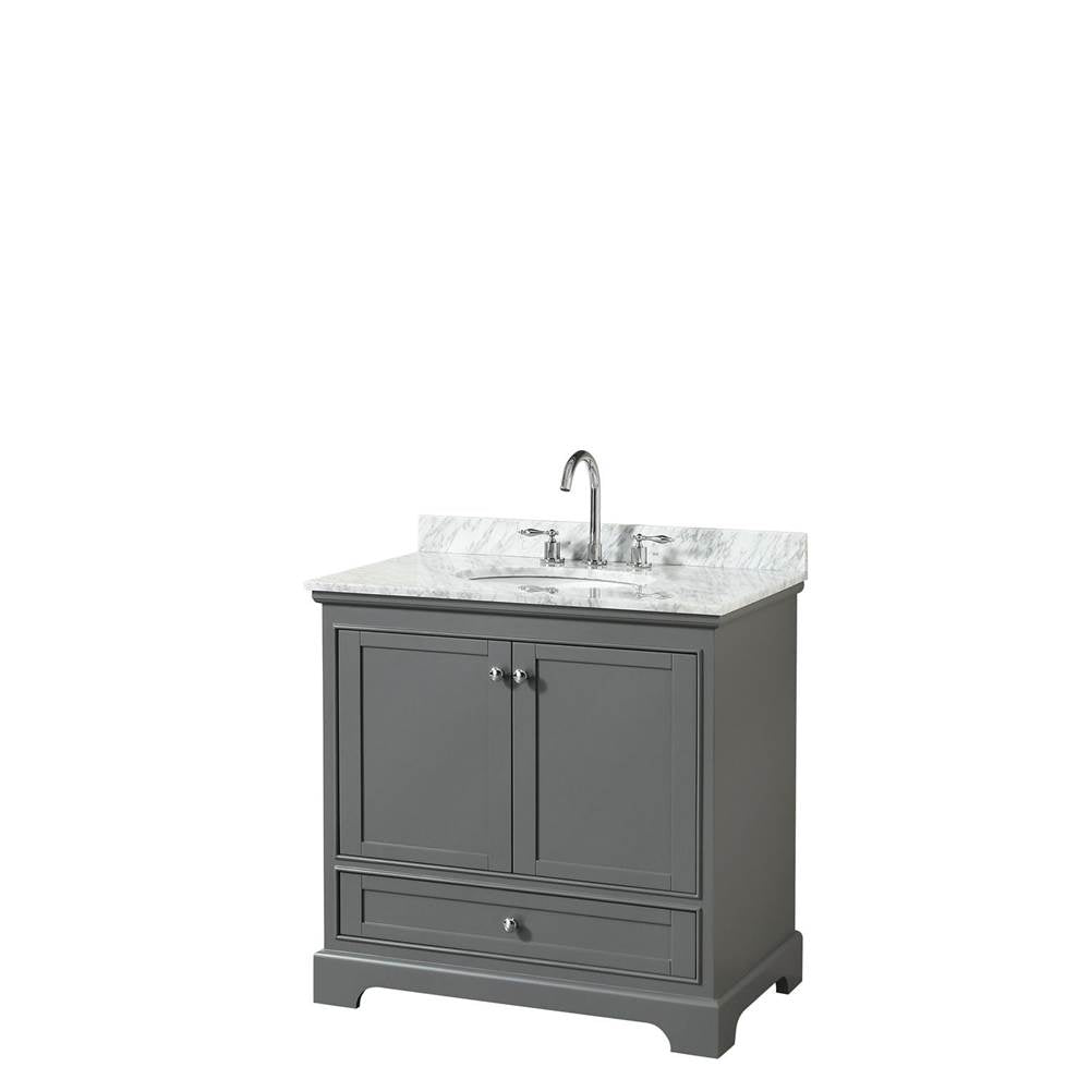 Wyndham Collection - Deborah 36 Inch Single Bathroom Vanity in Dark Gray, White Carrara Marble Countertop, Undermount Oval Sink, and No Mirror - Dark Gray
