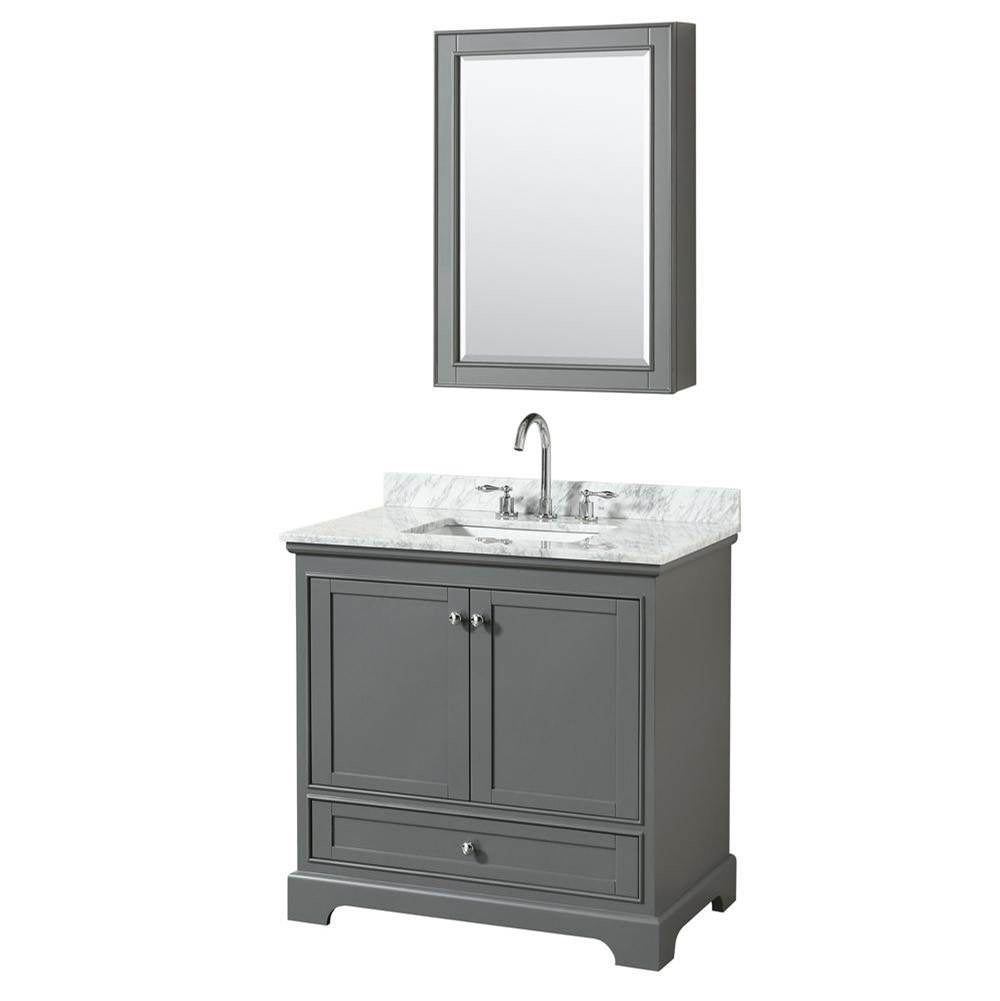 Wyndham Collection - Deborah 36 Inch Single Bathroom Vanity in Dark Gray, White Carrara Marble Countertop, Undermount Square Sink, and Medicine Cabinet - Dark Gray