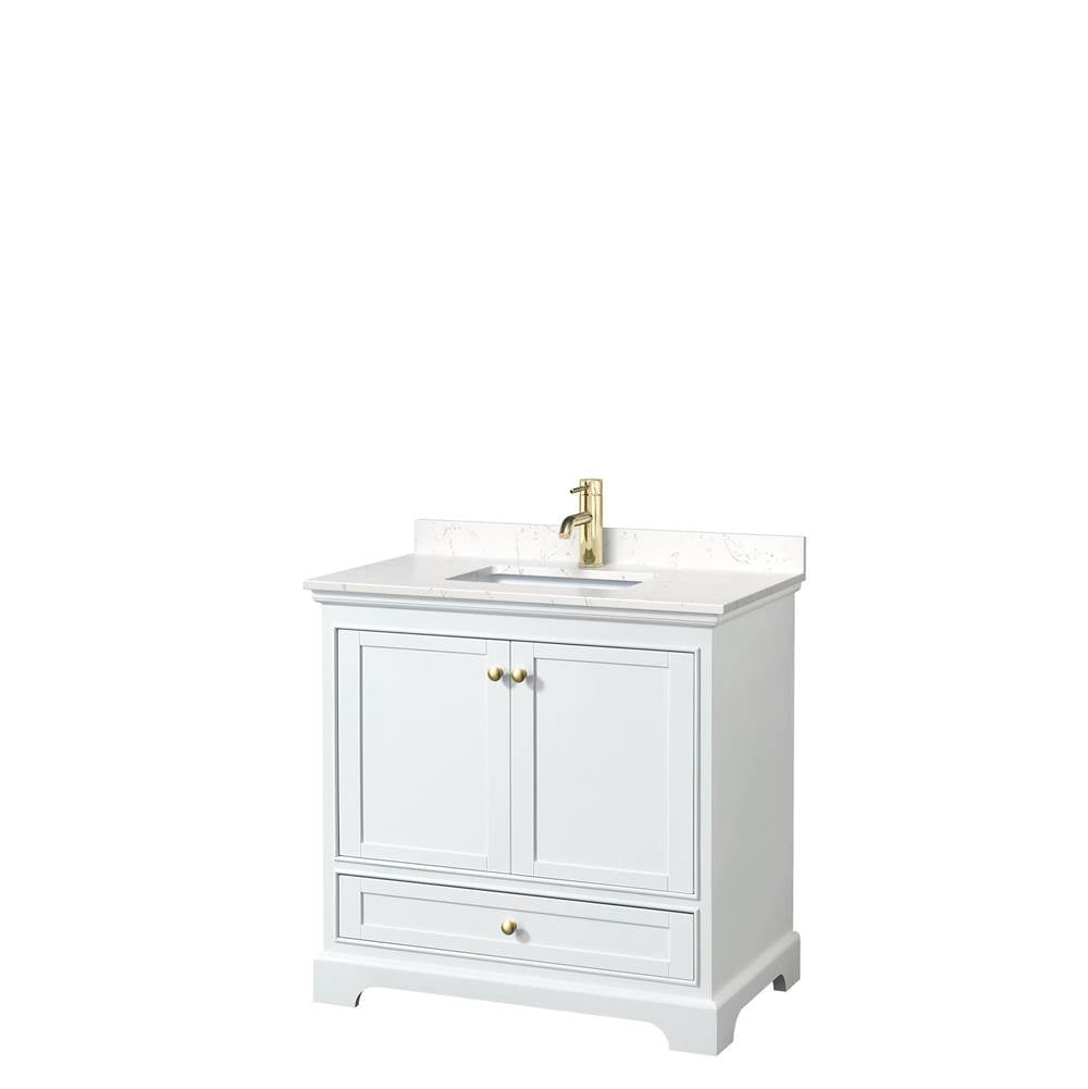 Wyndham Collection - Deborah 36 Inch Single Bathroom Vanity in White, Carrara Cultured Marble Countertop, Undermount Square Sink, Brushed Gold Trim, No Mirror