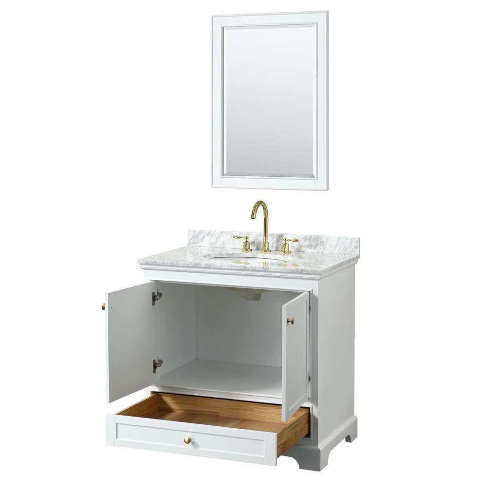 Deborah 36 Inch Single Bathroom Vanity in White, White Carrara Marble Countertop, Undermount Oval Sink, Brushed Gold Trim, 24 Inch Mirror