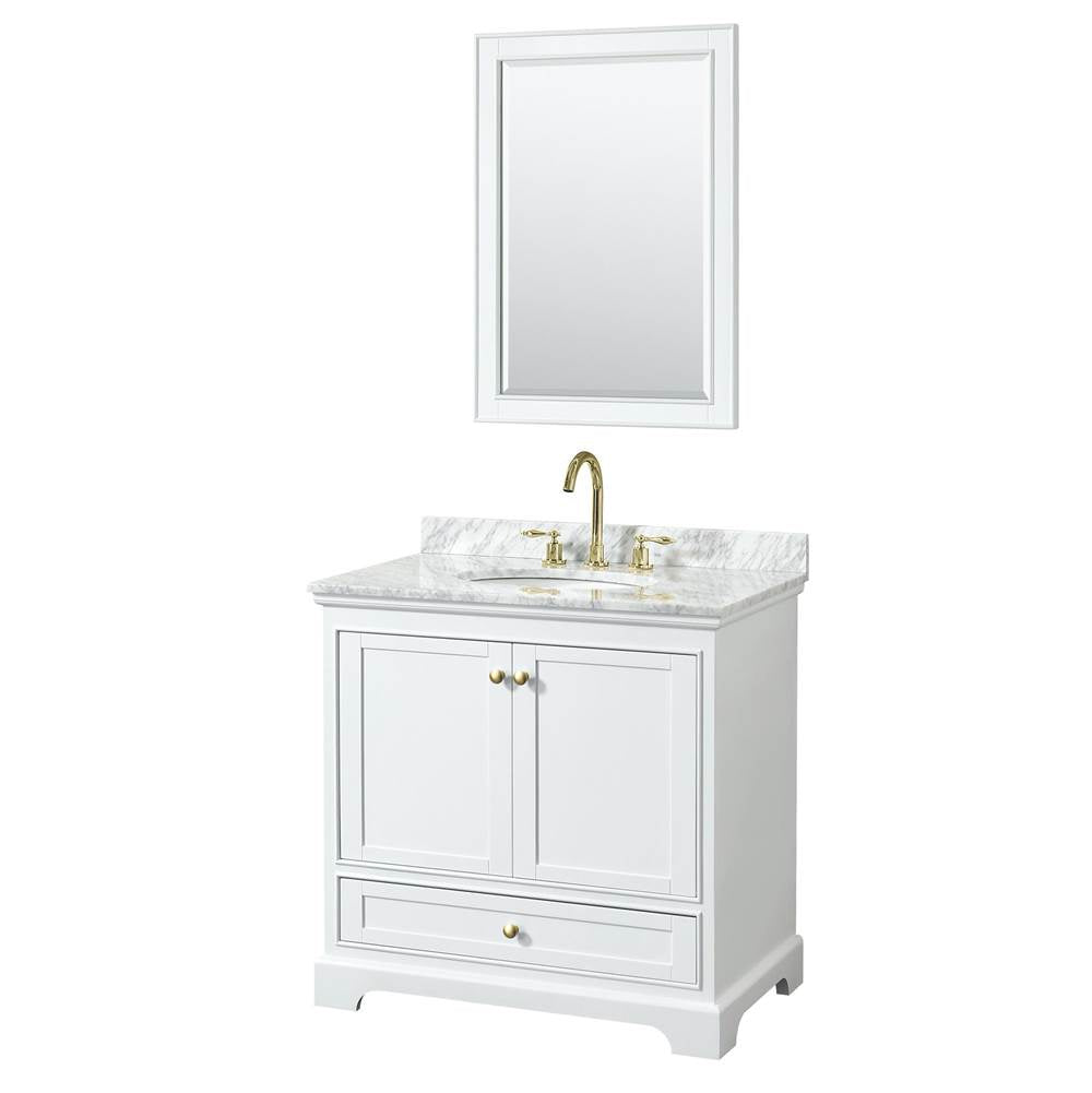 Wyndham Collection - Deborah 36 Inch Single Bathroom Vanity in White, White Carrara Marble Countertop, Undermount Oval Sink, Brushed Gold Trim, 24 Inch Mirror
