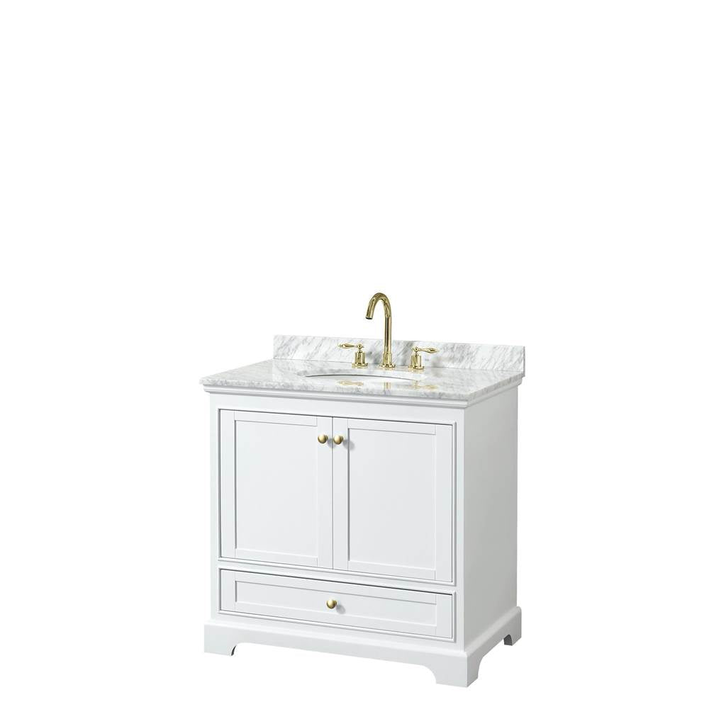 Wyndham Collection - Deborah 36 Inch Single Bathroom Vanity in White, White Carrara Marble Countertop, Undermount Oval Sink, Brushed Gold Trim, No Mirror