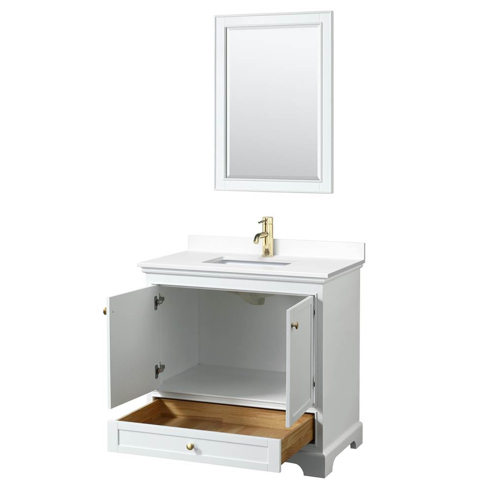 Deborah 36 Inch Single Bathroom Vanity in White, White Cultured Marble Countertop, Undermount Square Sink, Brushed Gold Trim, 24 Inch Mirror