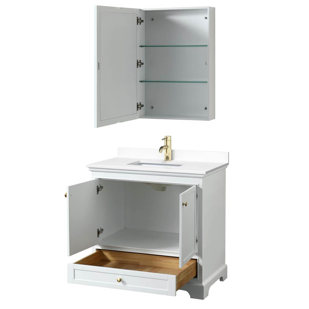 Deborah 36 Inch Single Bathroom Vanity in White, White Cultured Marble Countertop, Undermount Square Sink, Brushed Gold Trim, Medicine Cabinet