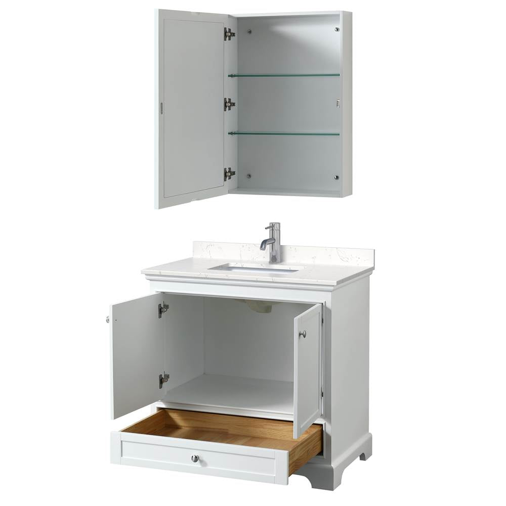 Deborah 36 Inch Single Bathroom Vanity in White, Carrara Cultured Marble Countertop, Undermount Square Sink, Medicine Cabinet