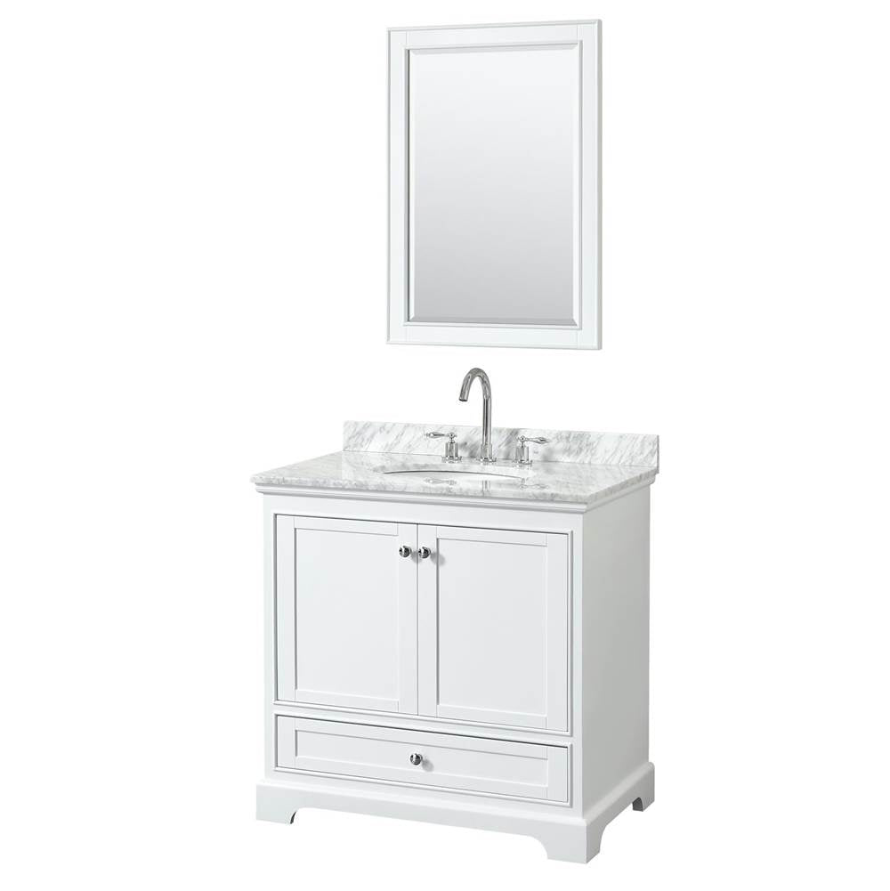 Wyndham Collection - Deborah 36 Inch Single Bathroom Vanity in White, White Carrara Marble Countertop, Undermount Oval Sink, and 24 Inch Mirror - White