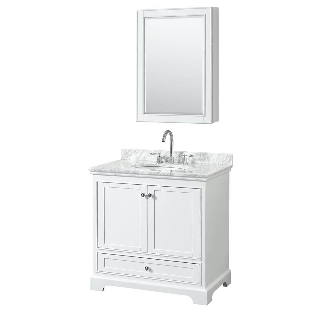 Wyndham Collection - Deborah 36 Inch Single Bathroom Vanity in White, White Carrara Marble Countertop, Undermount Oval Sink, and Medicine Cabinet - White