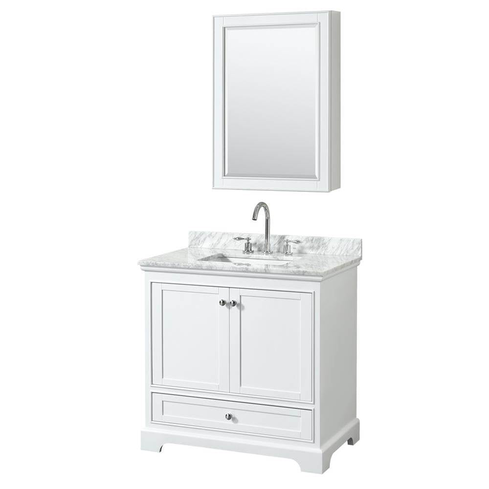 Wyndham Collection - Deborah 36 Inch Single Bathroom Vanity in White, White Carrara Marble Countertop, Undermount Square Sink, and Medicine Cabinet - White