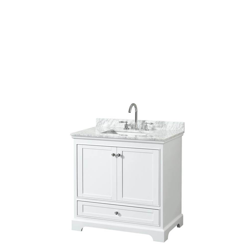 Wyndham Collection - Deborah 36 Inch Single Bathroom Vanity in White, White Carrara Marble Countertop, Undermount Square Sink, and No Mirror - White