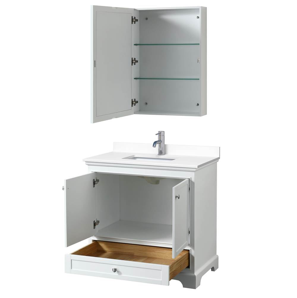 Deborah 36 Inch Single Bathroom Vanity in White, White Cultured Marble Countertop, Undermount Square Sink, Medicine Cabinet