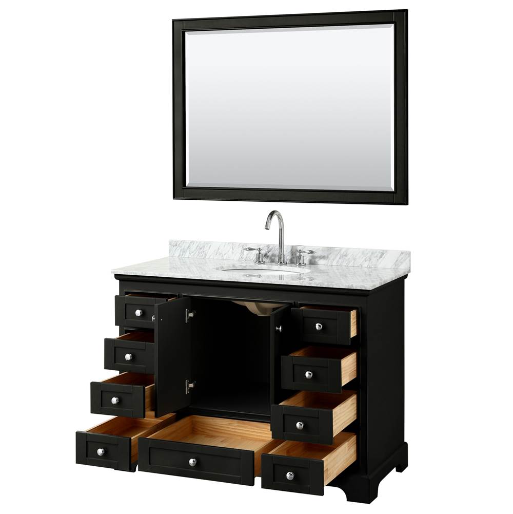 Deborah 48 Inch Single Bathroom Vanity in Dark Espresso, White Carrara Marble Countertop, Undermount Oval Sink, and 46 Inch Mirror
