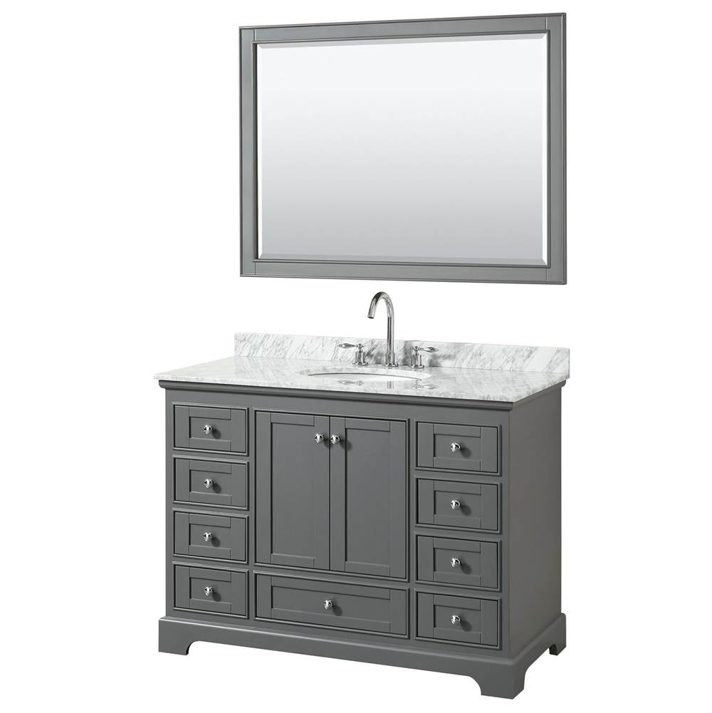 Wyndham Collection - Deborah 48 Inch Single Bathroom Vanity in Dark Gray, White Carrara Marble Countertop, Undermount Oval Sink, and 46 Inch Mirror - Dark Gray