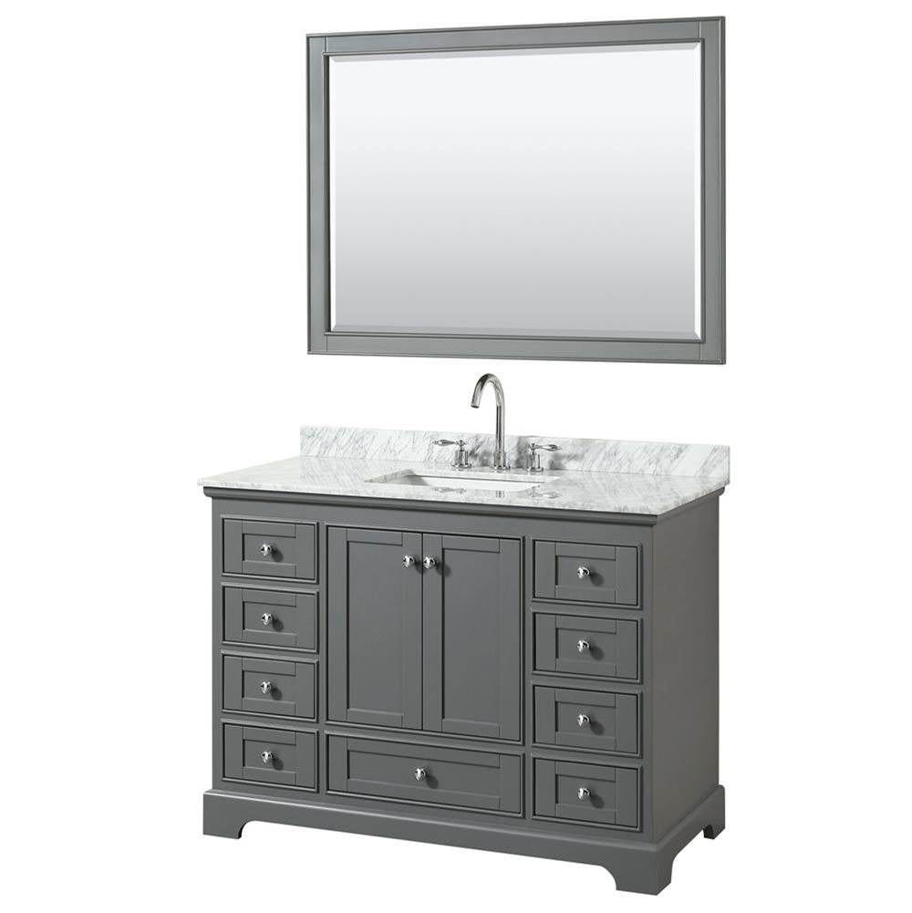 Wyndham Collection - Deborah 48 Inch Single Bathroom Vanity in Dark Gray, White Carrara Marble Countertop, Undermount Square Sink, and 46 Inch Mirror - Dark Gray