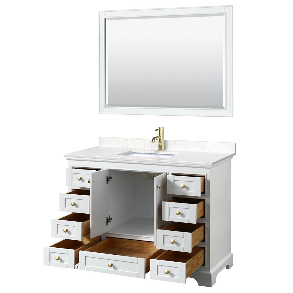 Deborah 48 Inch Single Bathroom Vanity in White, Carrara Cultured Marble Countertop, Undermount Square Sink, Brushed Gold Trim, 46 Inch Mirror