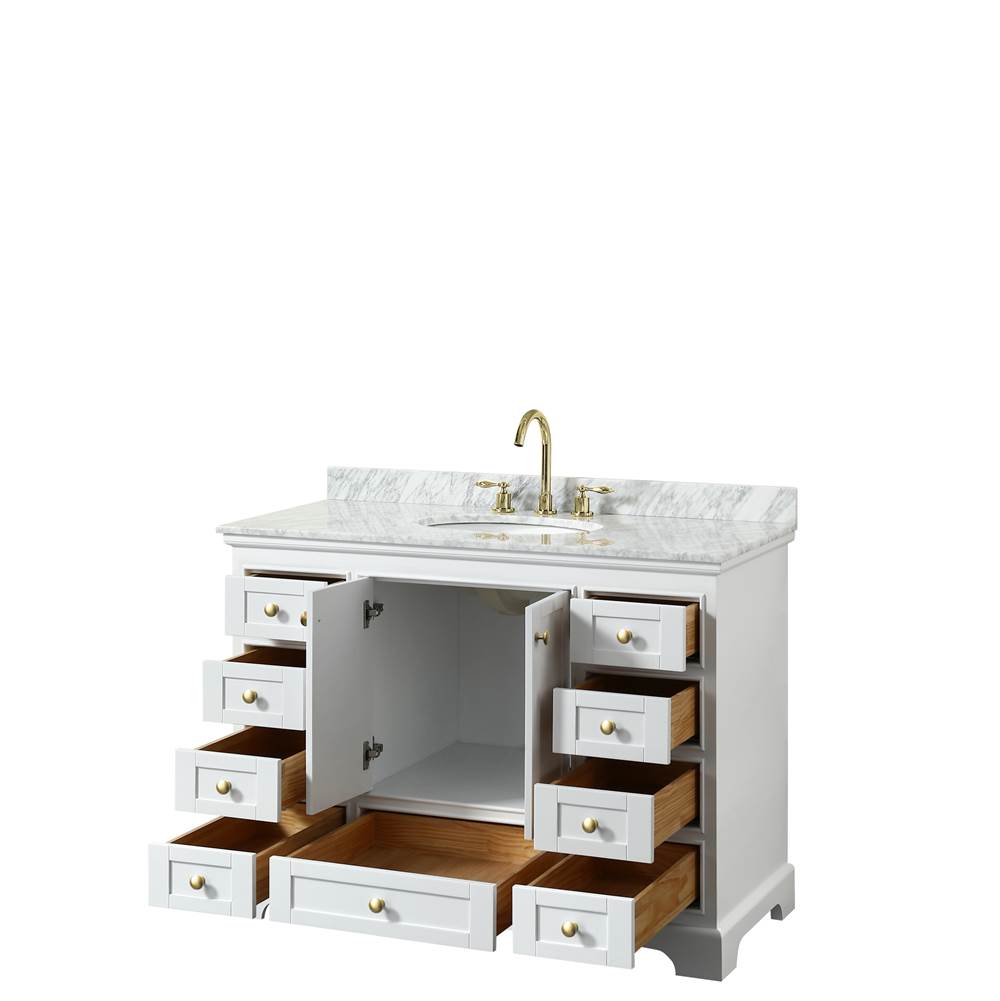 Deborah 48 Inch Single Bathroom Vanity in White, White Carrara Marble Countertop, Undermount Oval Sink, Brushed Gold Trim, No Mirror