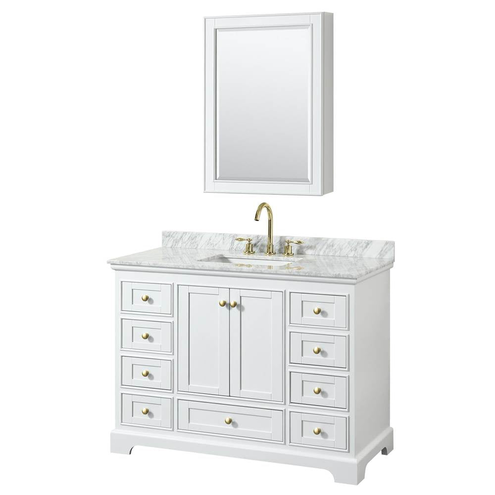 Wyndham Collection - Deborah 48 Inch Single Bathroom Vanity in White, White Carrara Marble Countertop, Undermount Square Sink, Brushed Gold Trim, Medicine Cabinet