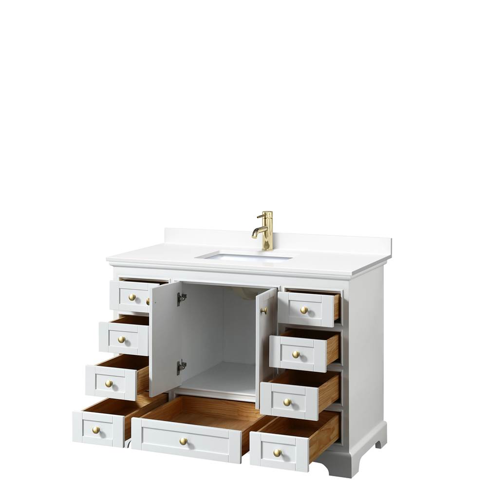 Deborah 48 Inch Single Bathroom Vanity in White, White Cultured Marble Countertop, Undermount Square Sink, Brushed Gold Trim, No Mirror