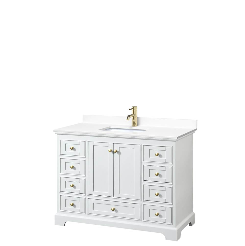 Wyndham Collection - Deborah 48 Inch Single Bathroom Vanity in White, White Cultured Marble Countertop, Undermount Square Sink, Brushed Gold Trim, No Mirror