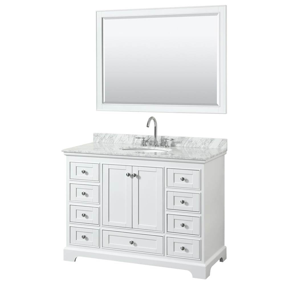 Wyndham Collection - Deborah 48 Inch Single Bathroom Vanity in White, White Carrara Marble Countertop, Undermount Oval Sink, and 46 Inch Mirror - White