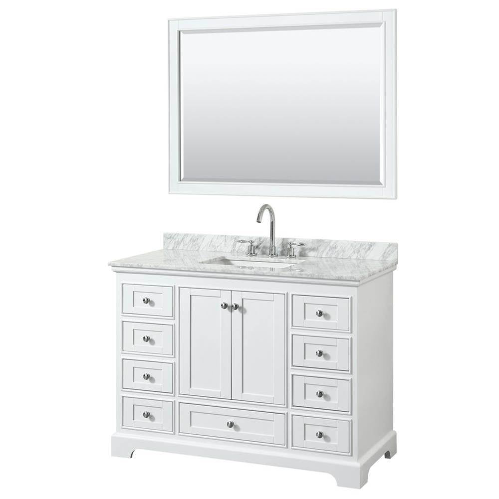 Wyndham Collection - Deborah 48 Inch Single Bathroom Vanity in White, White Carrara Marble Countertop, Undermount Square Sink, and 46 Inch Mirror - White
