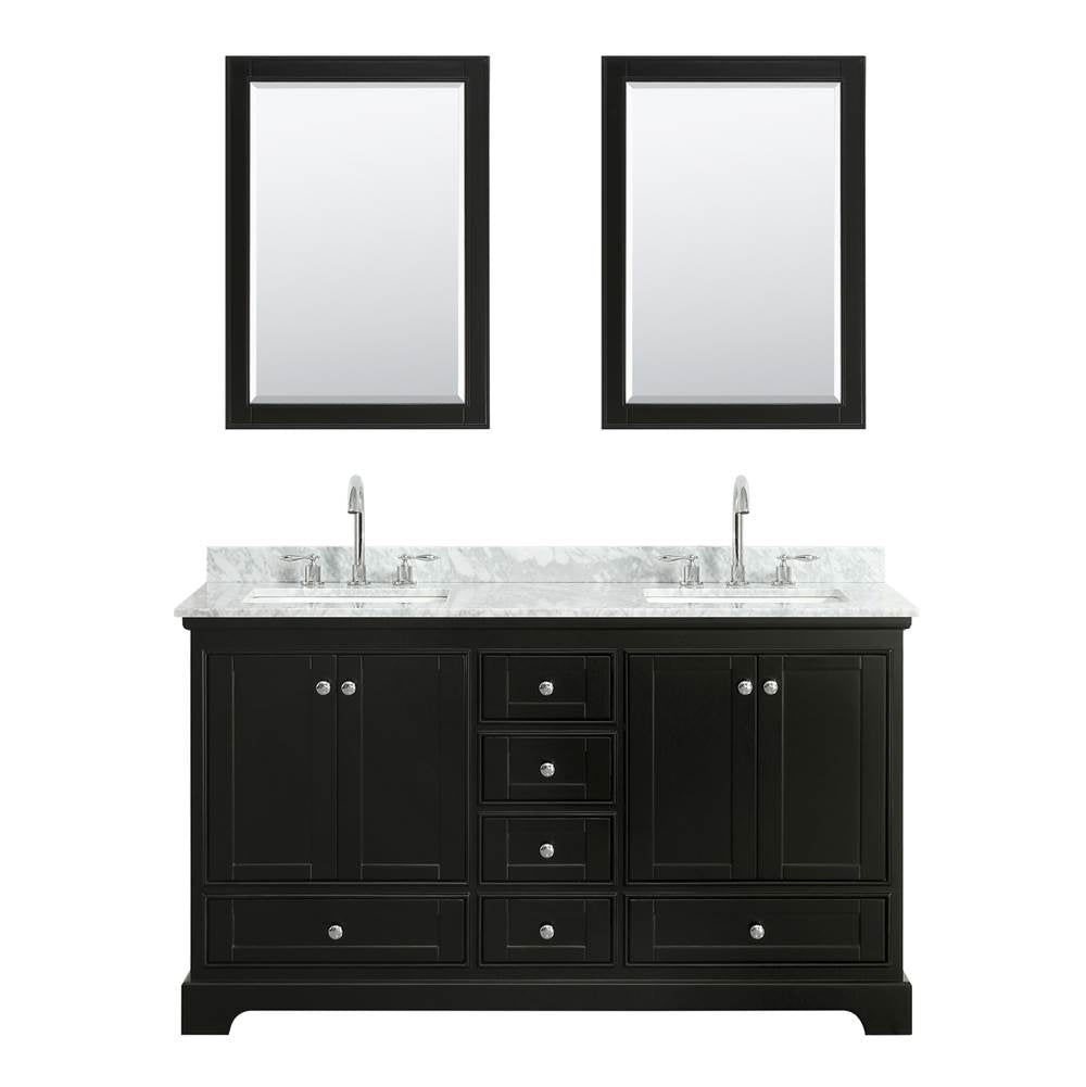 Deborah 60 Inch Double Bathroom Vanity in Dark Espresso, White Carrara Marble Countertop, Undermount Square Sinks, and 24 Inch Mirrors