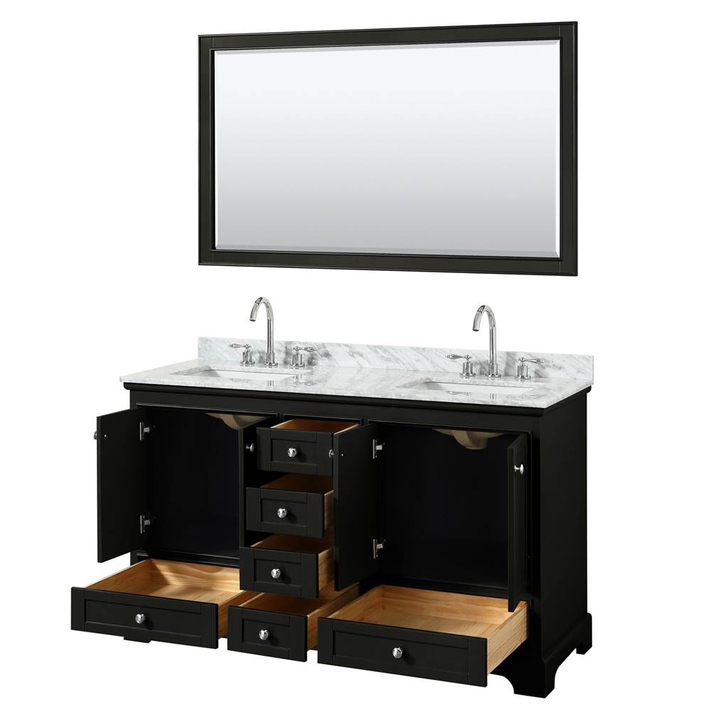 Deborah 60 Inch Double Bathroom Vanity in Dark Espresso, White Carrara Marble Countertop, Undermount Square Sinks, and 58 Inch Mirror