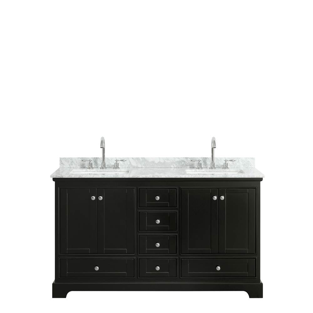 Deborah 60 Inch Double Bathroom Vanity in Dark Espresso, White Carrara Marble Countertop, Undermount Square Sinks, and No Mirrors