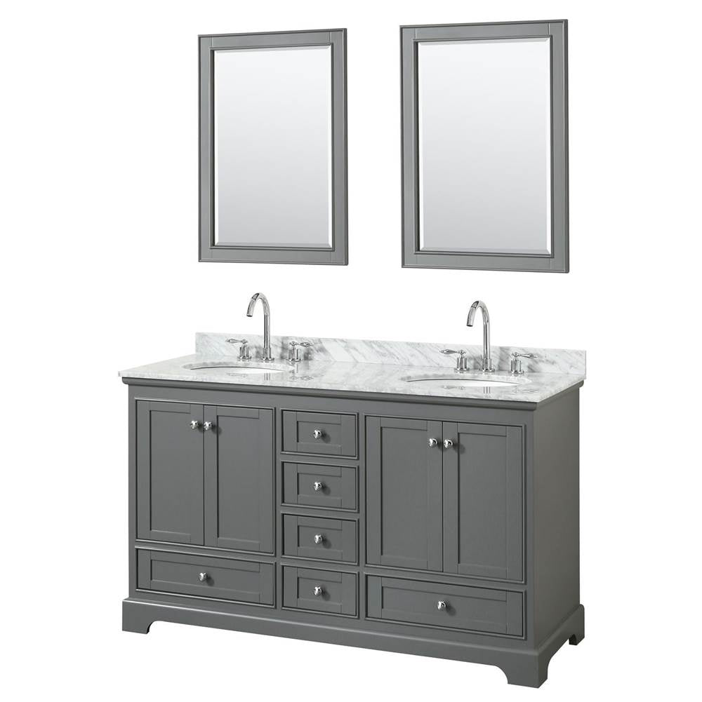 Wyndham Collection - Deborah 60 Inch Double Bathroom Vanity in Dark Gray, White Carrara Marble Countertop, Undermount Oval Sinks, and 24 Inch Mirrors - Dark Gray