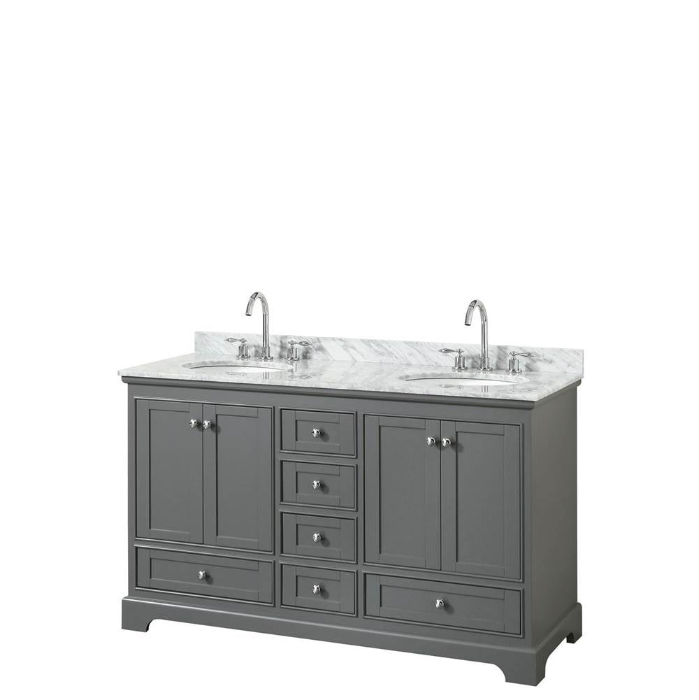 Wyndham Collection - Deborah 60 Inch Double Bathroom Vanity in Dark Gray, White Carrara Marble Countertop, Undermount Oval Sinks, and No Mirrors - Dark Gray