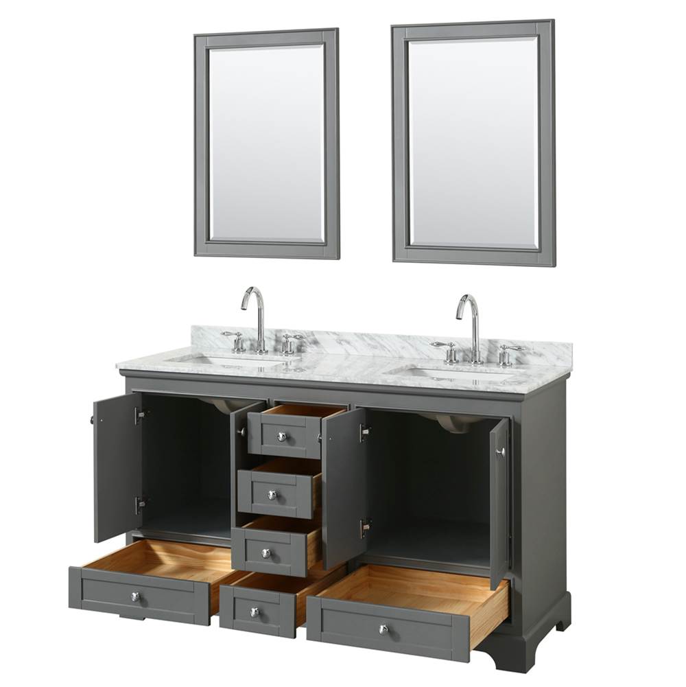 Deborah 60 Inch Double Bathroom Vanity in Dark Espresso, White Carrara Marble Countertop, Undermount Square Sinks, and 24 Inch Mirrors