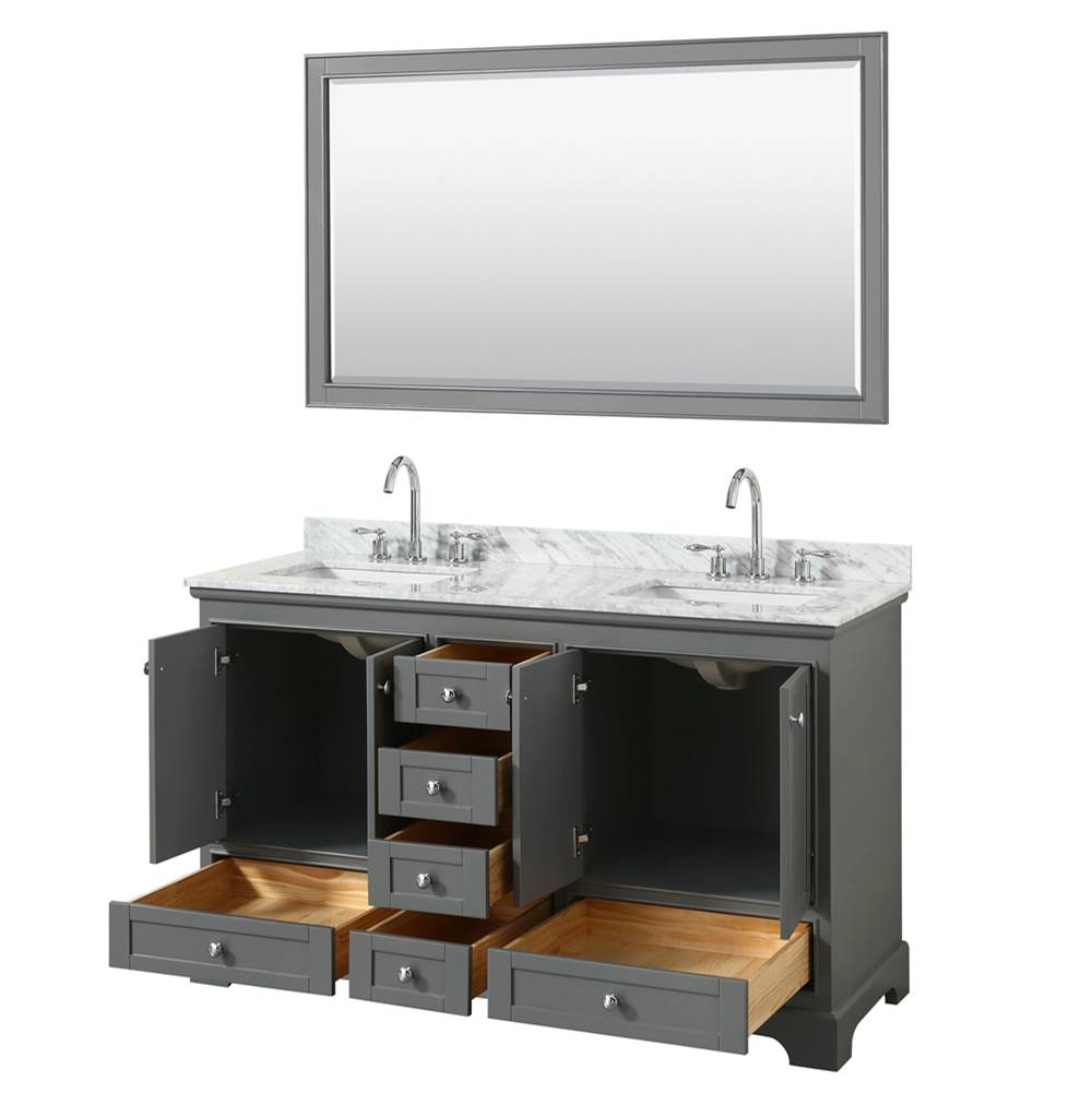 Deborah 60 Inch Double Bathroom Vanity in Dark Espresso, White Carrara Marble Countertop, Undermount Square Sinks, and 58 Inch Mirror