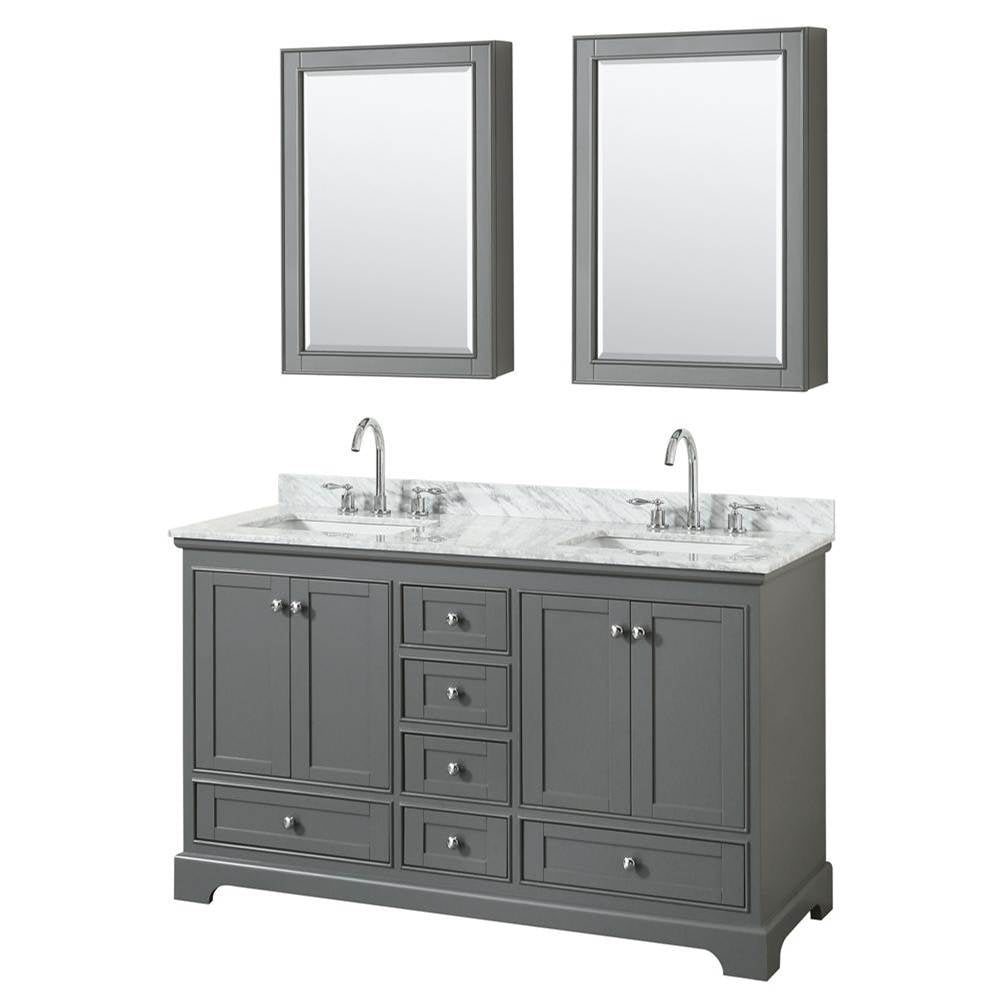 Wyndham Collection - Deborah 60 Inch Double Bathroom Vanity in Dark Gray, White Carrara Marble Countertop, Undermount Square Sinks, and Medicine Cabinets - Dark Gray