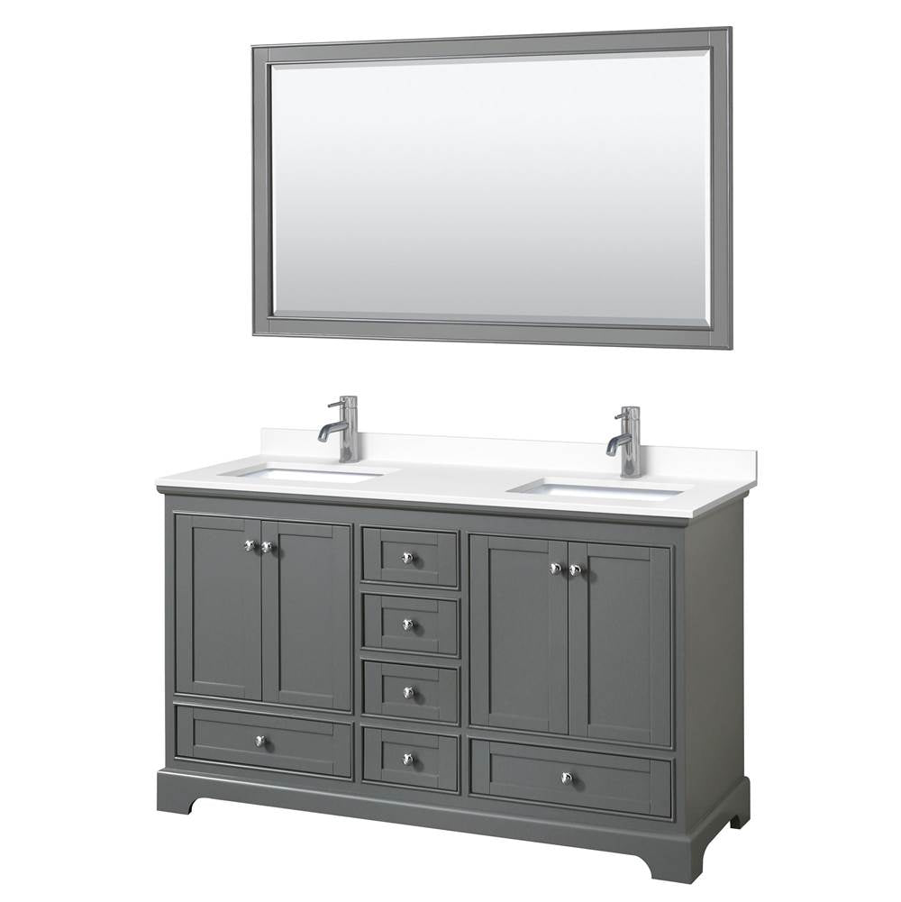 Wyndham Collection - Deborah 60 Inch Double Bathroom Vanity in Dark Gray, White Cultured Marble Countertop, Undermount Square Sinks, 58 Inch Mirror