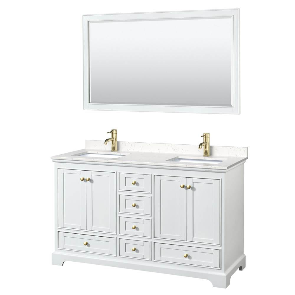 Wyndham Collection - Deborah 60 Inch Double Bathroom Vanity in White, Carrara Cultured Marble Countertop, Undermount Square Sinks, Brushed Gold Trim, 58 Inch Mirror