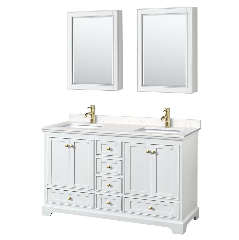 Wyndham Collection - Deborah 60 Inch Double Bathroom Vanity in White, Carrara Cultured Marble Countertop, Undermount Square Sinks, Brushed Gold Trim, Medicine Cabinets