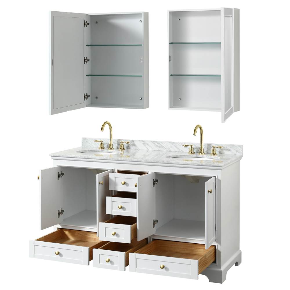 Deborah 60 Inch Double Bathroom Vanity in White, White Carrara Marble Countertop, Undermount Oval Sinks, Brushed Gold Trim, Medicine Cabinets