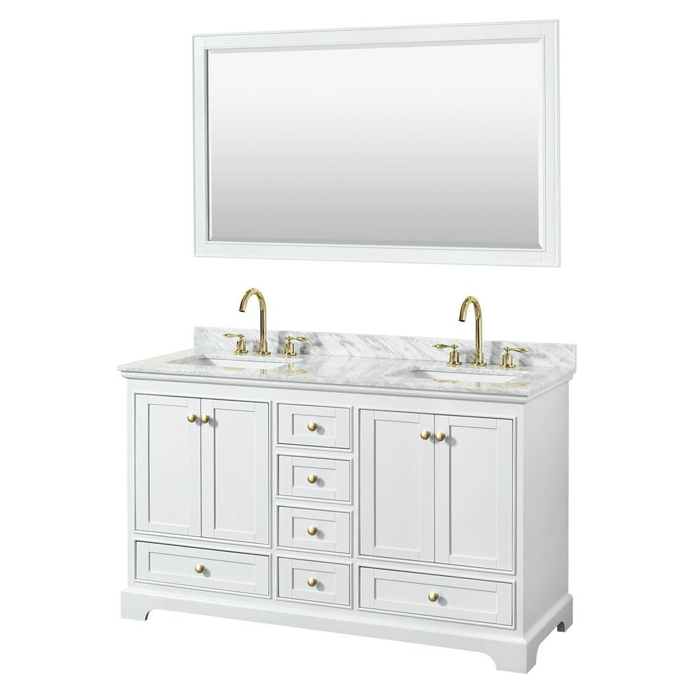 Wyndham Collection - Deborah 60 Inch Double Bathroom Vanity in White, White Carrara Marble Countertop, Undermount Square Sinks, Brushed Gold Trim, 58 Inch Mirror