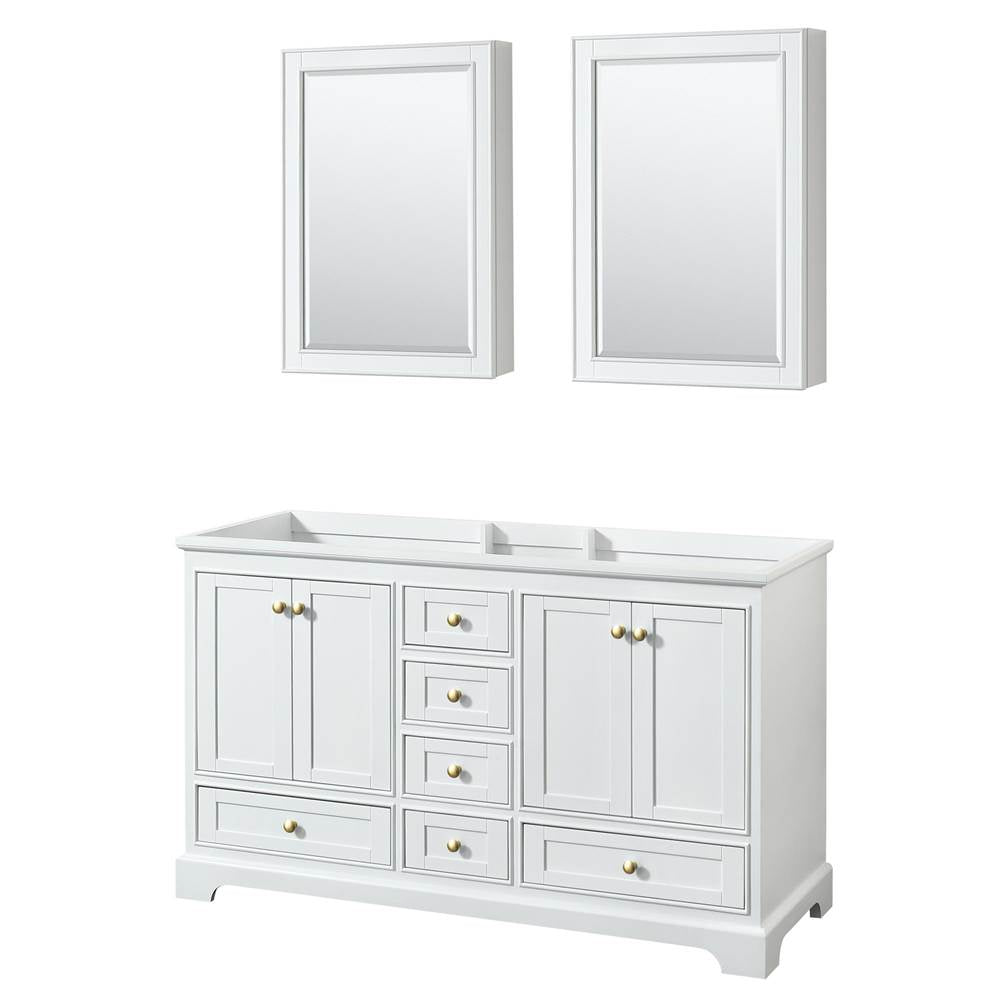 Wyndham Collection - Deborah 60 Inch Double Bathroom Vanity in White, No Countertop, No Sinks, Brushed Gold Trim, Medicine Cabinets