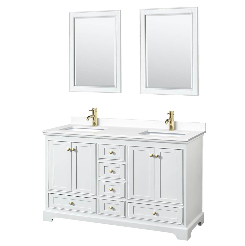 Wyndham Collection - Deborah 60 Inch Double Bathroom Vanity in White, White Cultured Marble Countertop, Undermount Square Sinks, Brushed Gold Trim, 24 Inch Mirrors