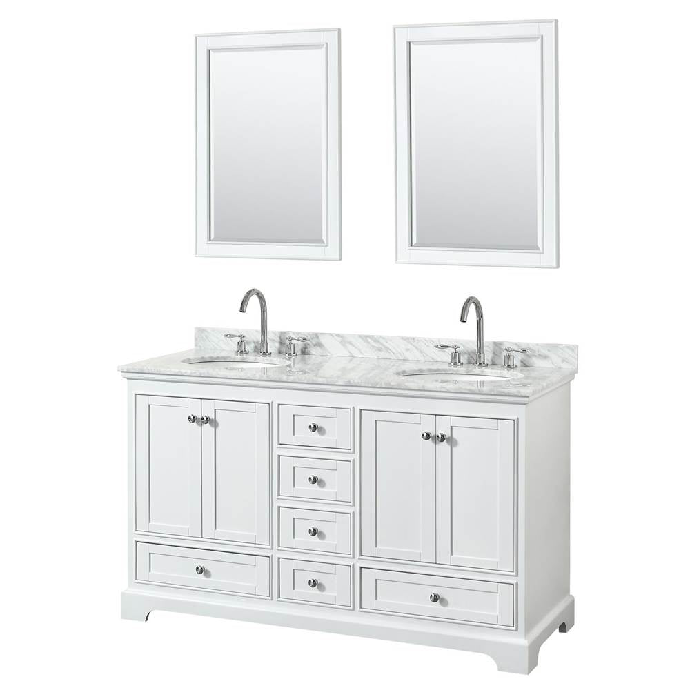 Wyndham Collection - Deborah 60 Inch Double Bathroom Vanity in White, White Carrara Marble Countertop, Undermount Oval Sinks, and 24 Inch Mirrors - White