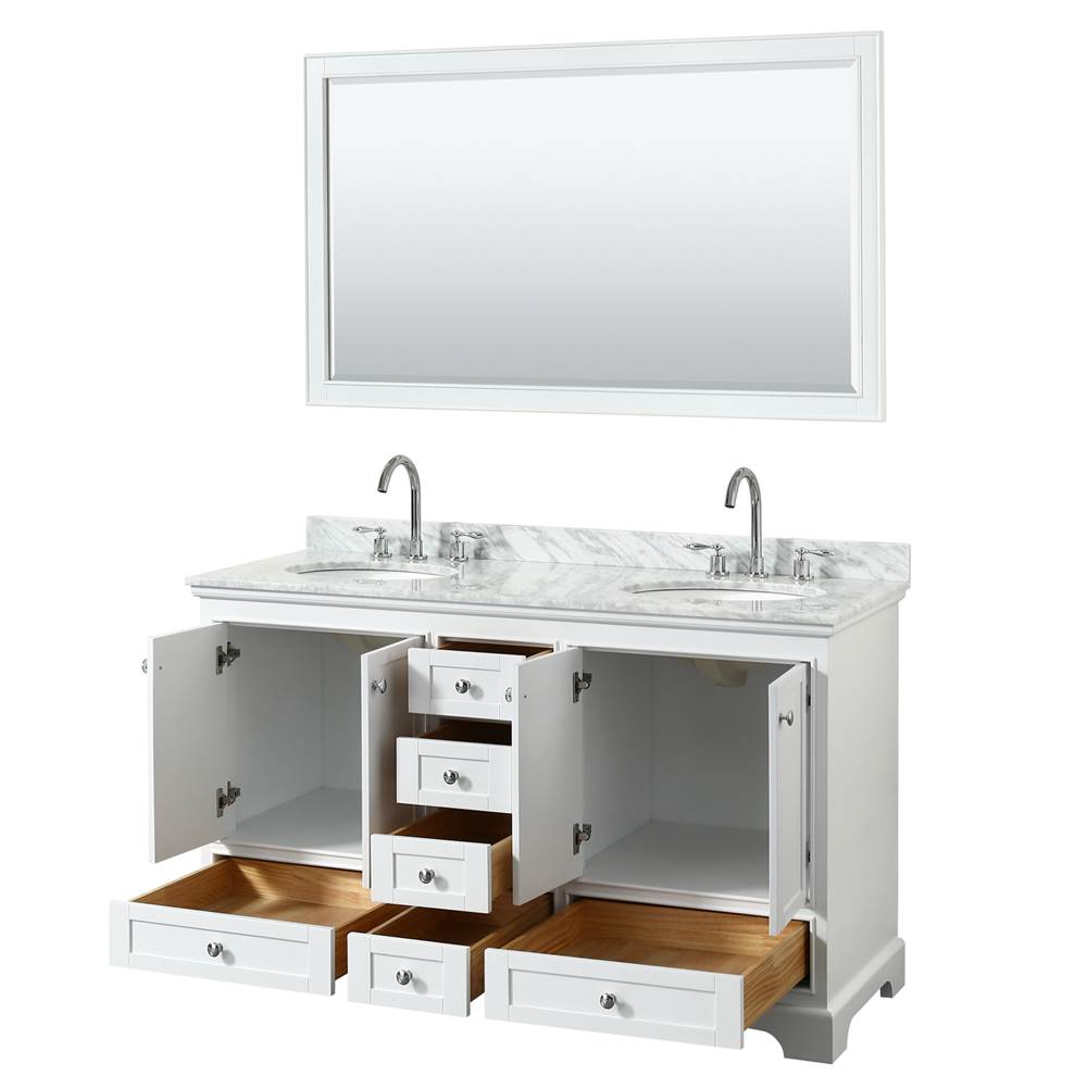 Deborah 60 Inch Double Bathroom Vanity in Dark Espresso, White Carrara Marble Countertop, Undermount Oval Sinks, and 58 Inch Mirror