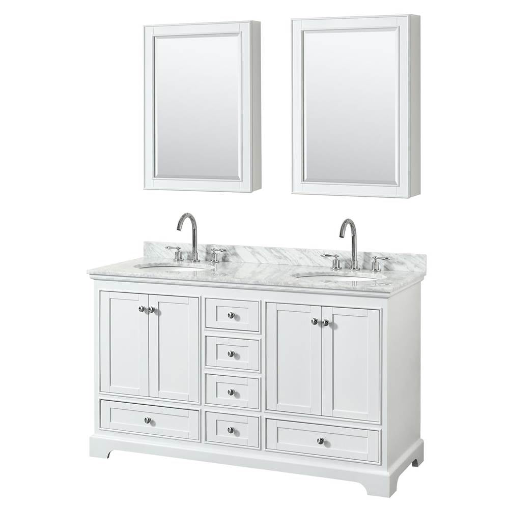 Wyndham Collection - Deborah 60 Inch Double Bathroom Vanity in White, White Carrara Marble Countertop, Undermount Oval Sinks, and Medicine Cabinets - White